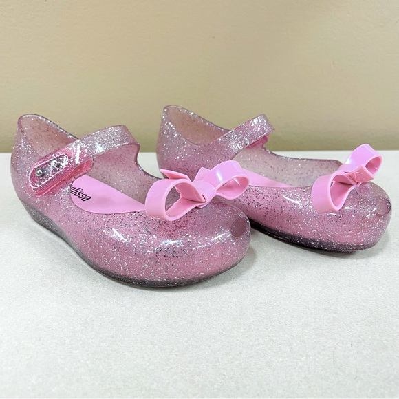 Mini Melissa Ultragirl Bow Shoes Girls 8 Glitter Pink Slip On Ballet Flats Jelly - Picture 1 of 8